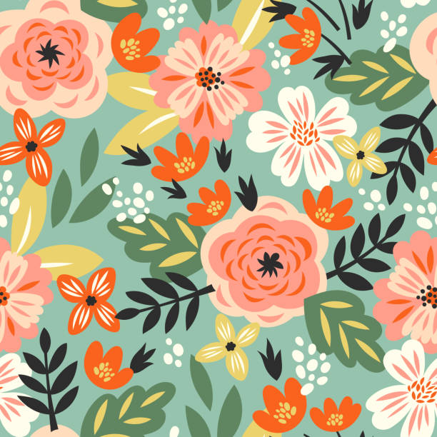 ilustraciones, imágenes clip art, dibujos animados e iconos de stock de patrón transparente de vector - seamless pattern floral pattern flower