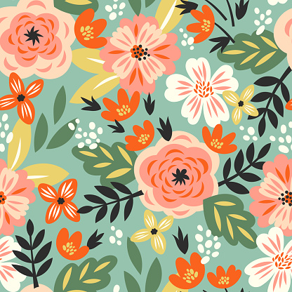 Vector seamless pattern with roses and abstract flowers in vintage style for fabric