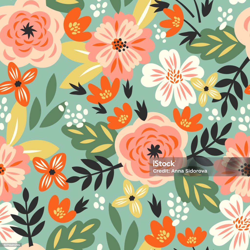 Vector seamless pattern Vector seamless pattern with roses and abstract flowers in vintage style for fabric Flower stock vector