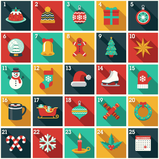 Christmas Advent Calendar A cute Christmas Advent Calendar in a flat design style. File built in layers in the CMYK color space for optimal printing. Color swatches are global for quick and easy color changes. holiday calendars stock illustrations