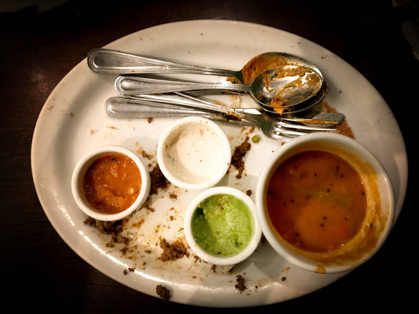 완성 된 식사, 더러운 접시, 남은 소스 - plate crumb dirty fork 뉴스 사진 이미지