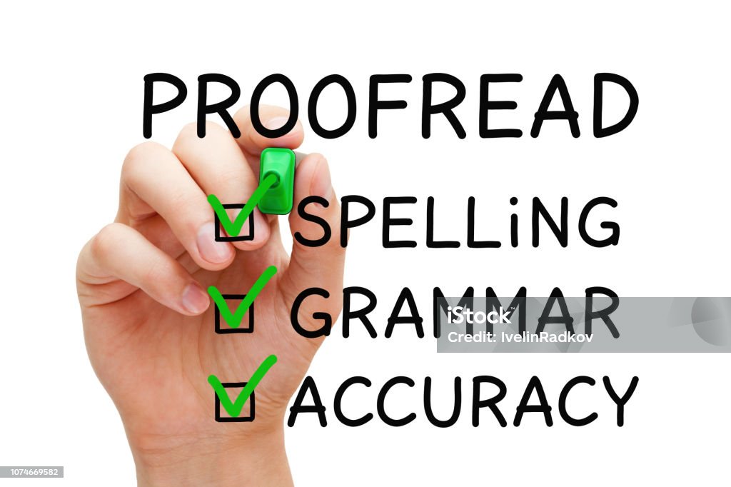 Positive Proofread Checklist Concept Hand filling Proofread checklist concept with checked boxes on spelling, grammar and accuracy. Spelling - Education Stock Photo