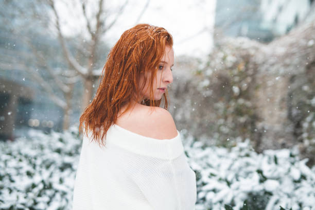 Redhead in the Snow stock photo