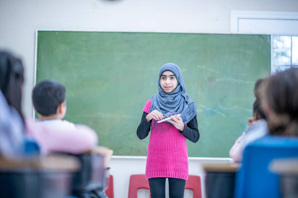 istock Muslim girl speaking to class 1074689178