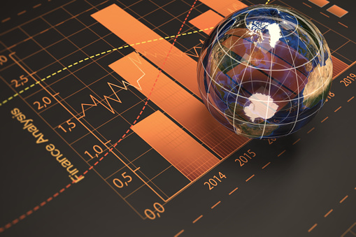 Global finance concept. Transparent globe sphere on the graph chart. Global finance, and the global economy concept for the finance and business industry.