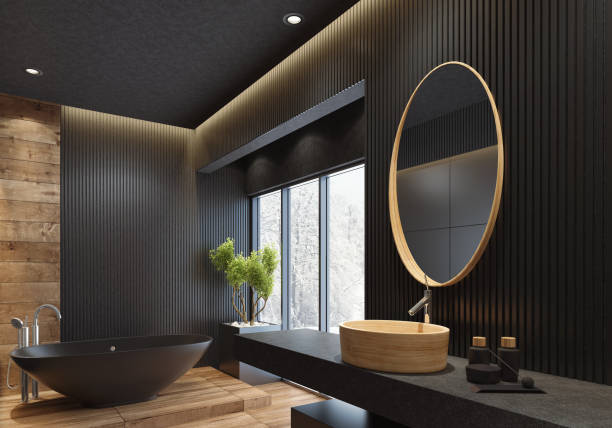 高級ヴィラのシンプルな黒の浴室 - master bathroom ストックフォトと画像