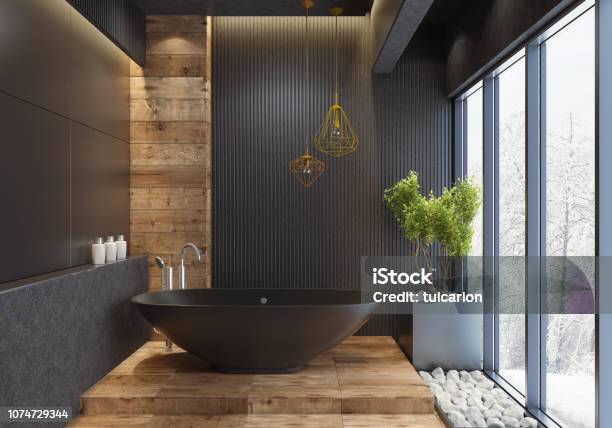 Luxury Villa Minimalist Black Bathroom Stock Photo - Download Image Now - Bathroom, Luxury, Modern