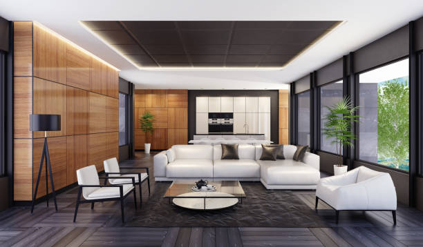 istock Luxury minimalist open space living room with kitchen and dining 1074730924