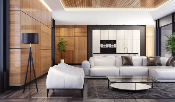 istock Luxury minimalist open space living room with kitchen and dining 1074730942