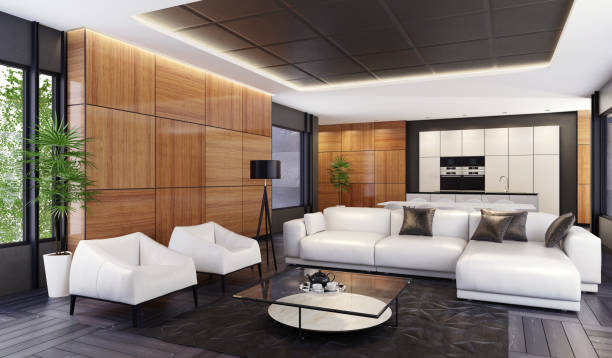 istock Luxury minimalist open space living room with kitchen and dining 1074730946