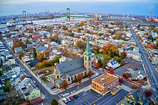 Aerial View of Delaware Riverfront Town Gloucester New Jersey