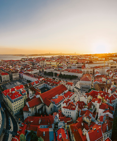 Aerial cityscape panorama Lisbon Portugal sunset