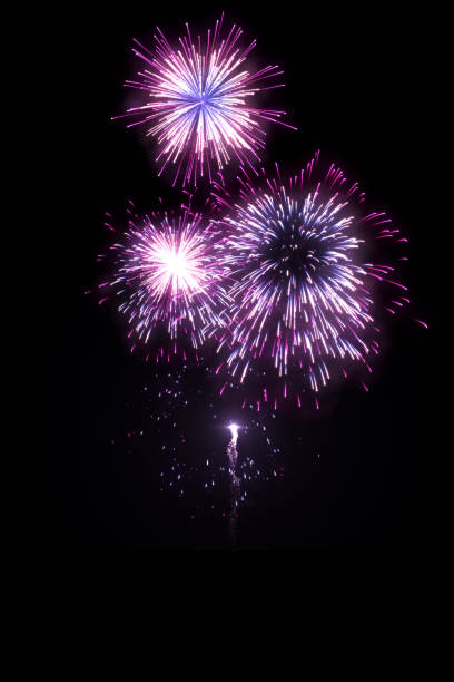 istock Beautiful purple fireworks with trail isolated on the black background 1074749360