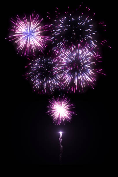 istock Beautiful purple fireworks with trail isolated on the black background 1074749384