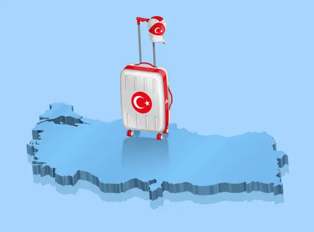 Vector illustration of Tourist suitcase with Turkish flag and cap over a 3D Turkey map