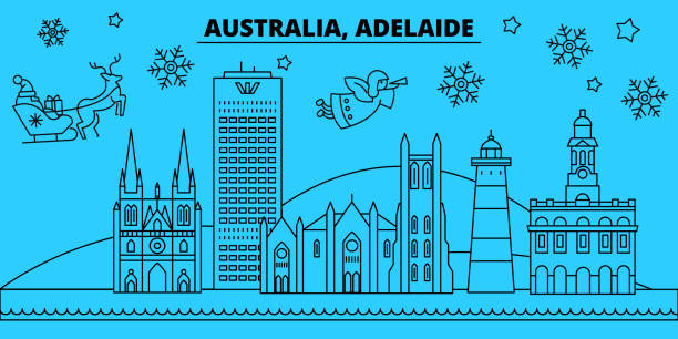 Australia, Adelaide winter holidays skyline. Merry Christmas, Happy New Year decorated banner with Santa Claus.Flat, outline vector.Australia, Adelaide linear christmas city illustration Australia, Adelaide winter holidays skyline. Merry Christmas, Happy New Year decorated banner with Santa Claus.Australia, Adelaide linear christmas city vector flat illustration adelaide skyline stock illustrations