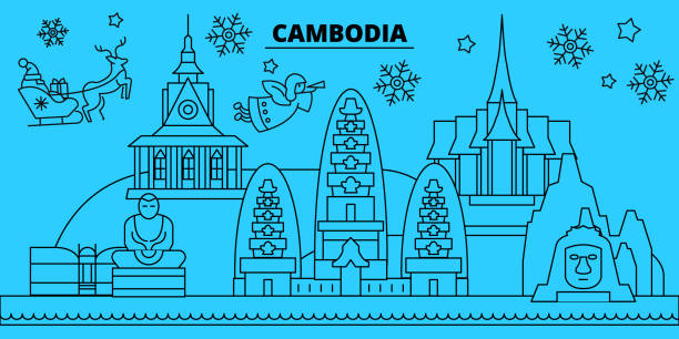 ilustrações, clipart, desenhos animados e ícones de horizonte de férias de inverno camboja. feliz natal, feliz ano novo decorado banner com santa claus.cambodia linear natal cidade plana ilustração vetorial - cambodia khmer architecture outdoors