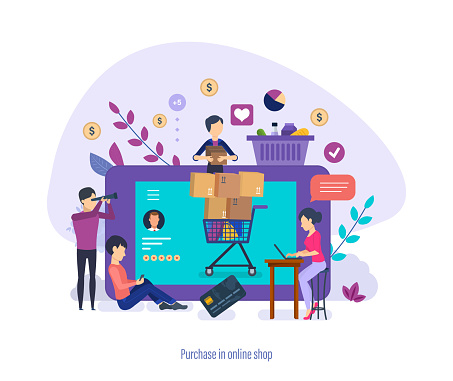 Purchase in online shop. Purchase of goods by people through phone and online application on computer, likes and feedback on products and store, buyers collect grocery basket. Vector illustration.
