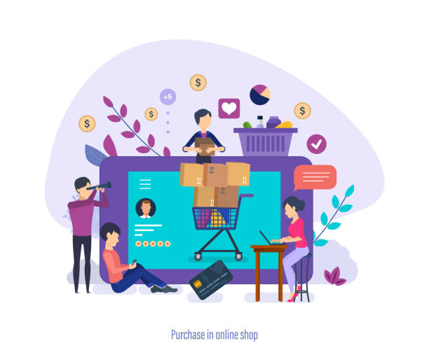 Purchase of goods by people through phone and online application. Purchase in online shop. Purchase of goods by people through phone and online application on computer, likes and feedback on products and store, buyers collect grocery basket. Vector illustration. ordering stock illustrations