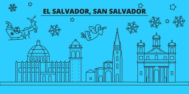 San Salvador winter holidays skyline. Merry Christmas, Happy New Year decorated banner with Santa Claus.San Salvador linear christmas city vector flat illustration San Salvador winter holidays skyline. Merry Christmas, Happy New Year decorated banner with Santa Claus.Flat, outline vector.San Salvador linear christmas city illustration el salvador landmarks stock illustrations