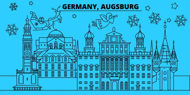 Vector illustration of Germany, Augsburg winter holidays skyline. Merry Christmas, Happy New Year decorated banner with Santa Claus.Germany, Augsburg linear christmas city vector flat illustration