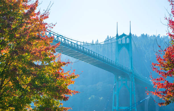 Famous gothic St Johns bridge across the Willamette River in Portland industrial area with arched support pillars surrounded by autumn colorful trees is a real pride of the Portland people