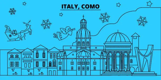Vector illustration of Italy, Como winter holidays skyline. Merry Christmas, Happy New Year decorated banner with Santa Claus.Italy, Como linear christmas city vector flat illustration