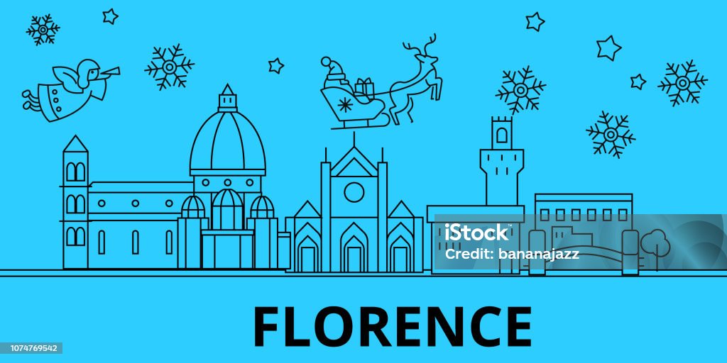 Italy, Florence winter holidays skyline. Merry Christmas, Happy New Year decorated banner with Santa Claus.Italy, Florence linear christmas city vector flat illustration Italy, Florence winter holidays skyline. Merry Christmas, Happy New Year decorated banner with Santa Claus.Flat, outline vector.Italy, Florence linear christmas city illustration Angel stock vector