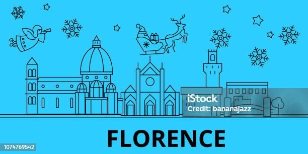 Italy Florence Winter Holidays Skyline Merry Christmas Happy New Year Decorated Banner With Santa Clausitaly Florence Linear Christmas City Vector Flat Illustration Stock Illustration - Download Image Now