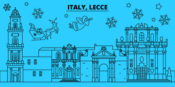 Italy, Lecce winter holidays skyline. Merry Christmas, Happy New Year decorated banner with Santa Claus.Italy, Lecce linear christmas city vector flat illustration Italy, Lecce winter holidays skyline. Merry Christmas, Happy New Year decorated banner with Santa Claus.Flat, outline vector.Italy, Lecce linear christmas city illustration lecce stock illustrations
