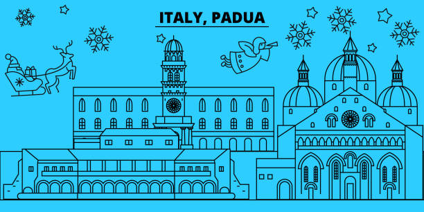 stockillustraties, clipart, cartoons en iconen met italië, padua winter vakantie skyline. vrolijk kerstfeest, gelukkig nieuwjaar ingericht banner met santa claus.italy, padua lineaire kerst stad platte vectorillustratie - padua