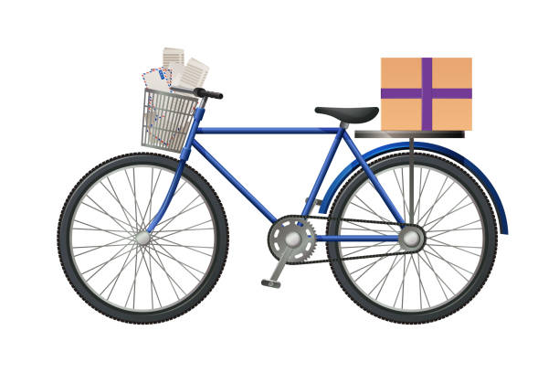 istock Postman's bike, with postal parcel and lot of letters, envelopes. 1074772202