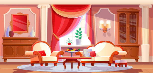 ilustrações, clipart, desenhos animados e ícones de interior da linda e luxuosa sala de estar com mobiliário e itens. - chandelier residential structure living room sofa