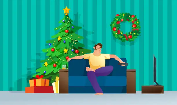 Vector illustration of Man watching tv while sitting on couch. Christmas living room.