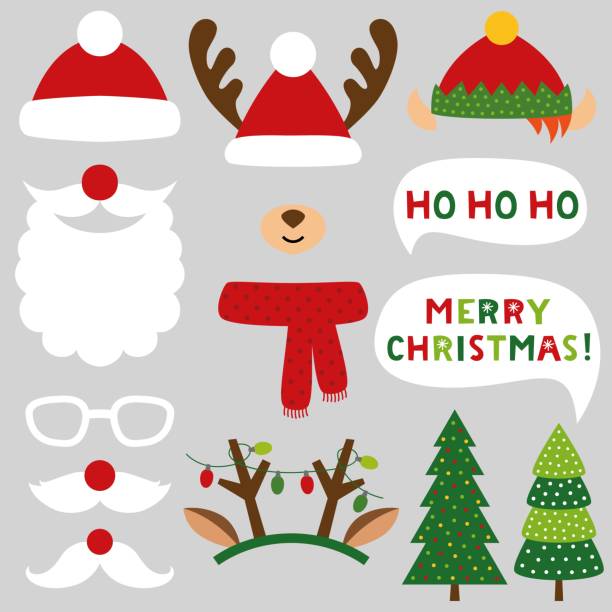Santa Claus, deer and elf vector Christmas photo booth props (hats, beard, mustaches, antlers) Santa Claus, deer and elf vector Christmas photo booth props (hats, beard, mustaches, antlers) antler photos stock illustrations