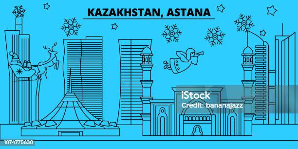 Kazakhstan Astana Winter Holidays Skyline Merry Christmas Happy New Year Decorated Banner With Santa Clauskazakhstan Astana Linear Christmas City Vector Flat Illustration Stock Illustration - Download Image Now