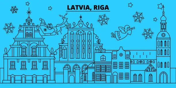 Vector illustration of Latvia, Riga winter holidays skyline. Merry Christmas, Happy New Year decorated banner with Santa Claus.Latvia, Riga linear christmas city vector flat illustration