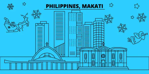 Vector illustration of Philippines, Makati winter holidays skyline. Merry Christmas, Happy New Year decorated banner with Santa Claus.Philippines, Makati linear christmas city vector flat illustration