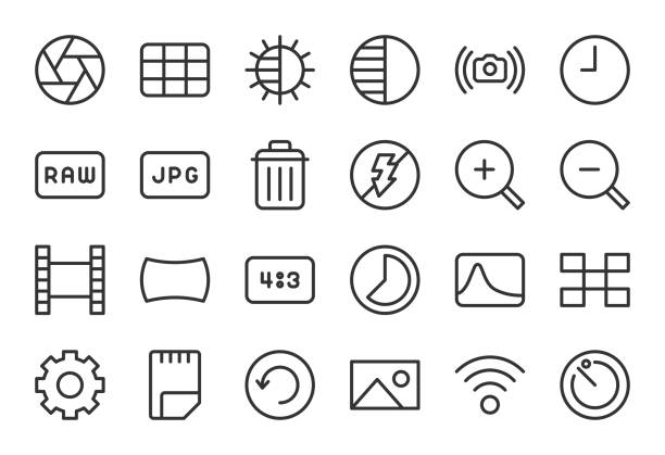 ilustraciones, imágenes clip art, dibujos animados e iconos de stock de cámara función icon set 2 - serie de linea - flash menu flash