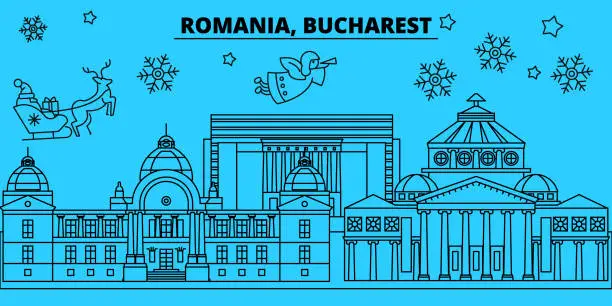Vector illustration of Romania, Bucharest winter holidays skyline. Merry Christmas, Happy New Year decorated banner with Santa Claus.Romania, Bucharest linear christmas city vector flat illustration
