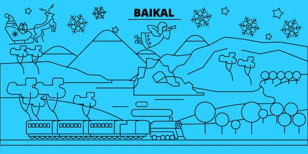 Vector illustration of Russia, Baikal winter holidays skyline. Merry Christmas, Happy New Year decorated banner with Santa Claus.Russia, Baikal linear christmas city vector flat illustration