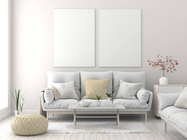 istock Mock up poster frame in Scandinavian style hipster interior. 3D illustration 1074788568