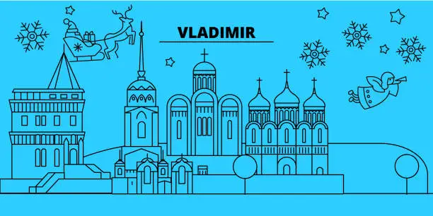 Vector illustration of Russia, Vladimir winter holidays skyline. Merry Christmas, Happy New Year decorated banner with Santa Claus.Russia, Vladimir linear christmas city vector flat illustration