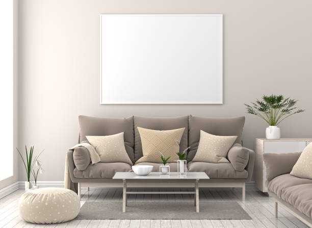 istock Mock up poster frame in Scandinavian style hipster interior. 3D illustration 1074789856