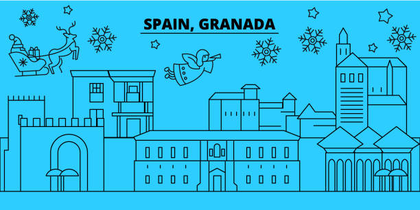 Spain, Granada winter holidays skyline. Merry Christmas, Happy New Year decorated banner with Santa Claus.Spain, Granada linear christmas city vector flat illustration Spain, Granada winter holidays skyline. Merry Christmas, Happy New Year decorated banner with Santa Claus.Flat, outline vector.Spain, Granada linear christmas city illustration granada stock illustrations