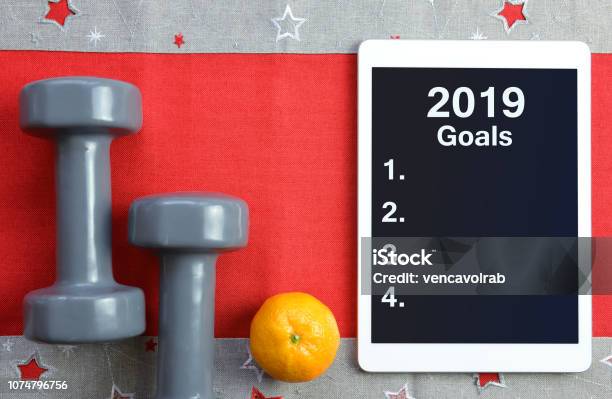 Healthy Resolutions For The New Year 2019 Stock Photo - Download Image Now - New Year Resolution, Sport, 2019