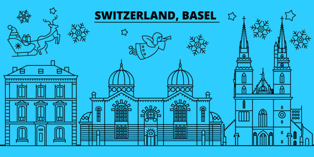 ilustrações, clipart, desenhos animados e ícones de suíça, basileia inverno férias linha do horizonte. feliz natal, feliz ano novo decorado banner com santa claus.switzerland, basileia linear natal cidade plana ilustração vetorial - blue outdoors nobody switzerland