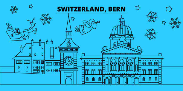 ilustrações, clipart, desenhos animados e ícones de suíça, berna inverno férias linha do horizonte. feliz natal, feliz ano novo decorado banner com santa claus.switzerland, bern linear natal cidade plana ilustração vetorial - blue outdoors nobody switzerland