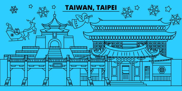 taiwan, taipei winter urlaub skyline. merry christmas, happy new year dekoriert banner mit santa claus.taiwan, taipei lineare weihnachten stadt flach vektorgrafik - backgrounds cityscape taipei taiwan stock-grafiken, -clipart, -cartoons und -symbole