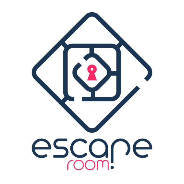 escape room logo Abstract escape room logo blue house red door stock illustrations